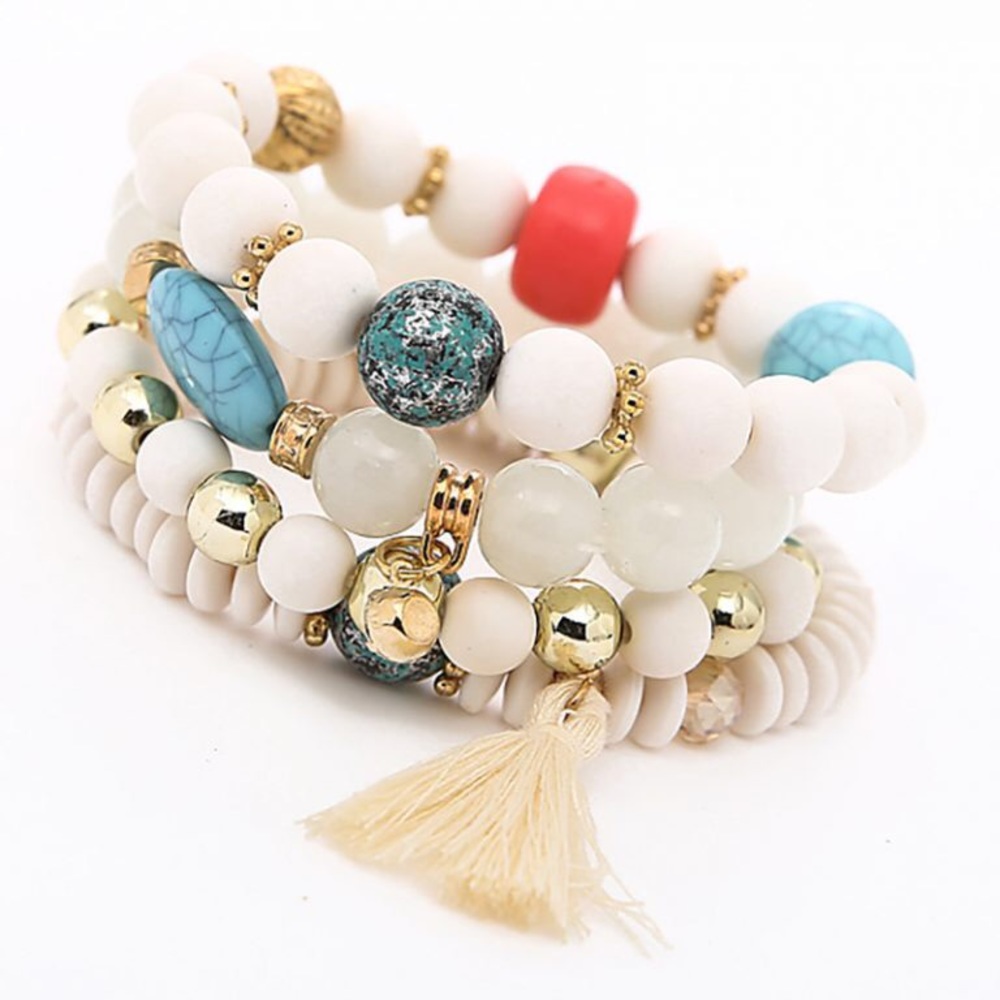 4 pc Set White stacked multi color stretch boho fashion stone toned bracelets